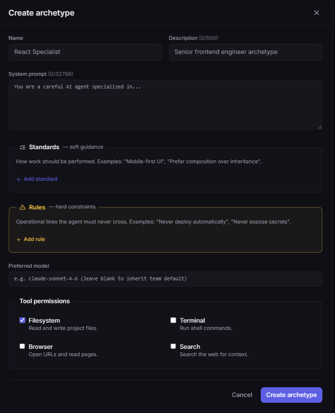Create archetype dialog: a reusable role blueprint with name, description, system prompt, soft Standards, hard Rules, preferred model, and tool permission checklist.