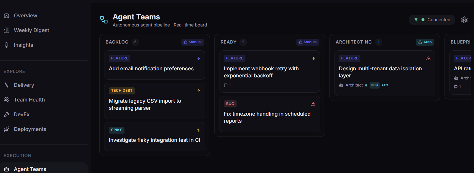 Agent Teams board: Backlog and Architecting lanes with FEATURE, TECH DEBT, SPIKE, BUG cards. Each lane labelled Auto or Manual.