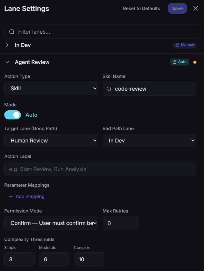 Lane settings drawer: Agent Review lane in Auto mode running the code-review skill. Target lane (Good Path) set to Human Review, Bad Path Lane set to In Dev. Permission Mode is Confirm. Complexity thresholds shown.
