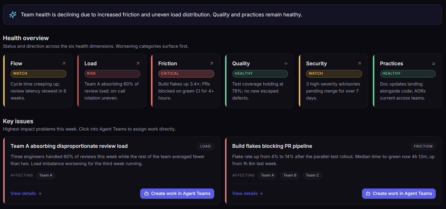 Team health overview — flow, load, friction, quality, security, and practices.